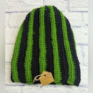 Handmade Green and Black Striped Beanie.